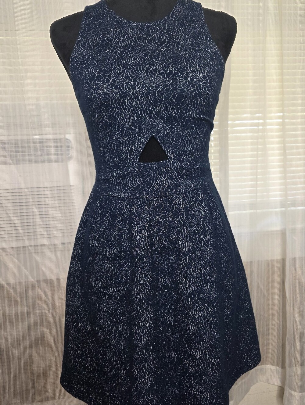 Sleeveless Navy Patterned Fit-and-Flare Dress